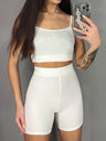 Piping Yoga Navel Exposed Suspender Shorts 2-piece Sets