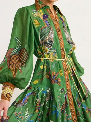Retro Printed Lantern Sleeves Waist Long Sleeves Maxi Dresses