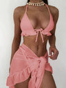 Mesh Skirt With Ruffled Trim, Solid Color Bikini Three-piece Set