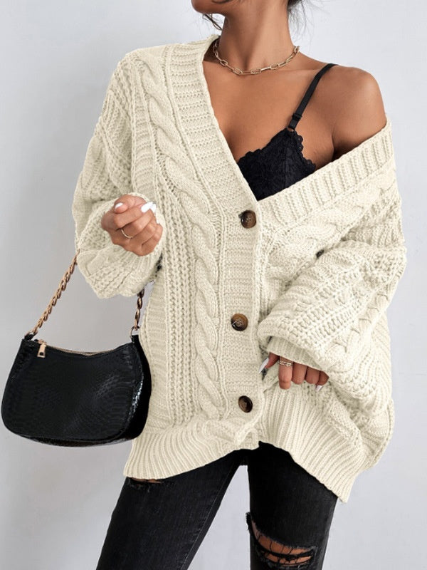 Loose Cable Knit Lantern Sleeve Cardigan
