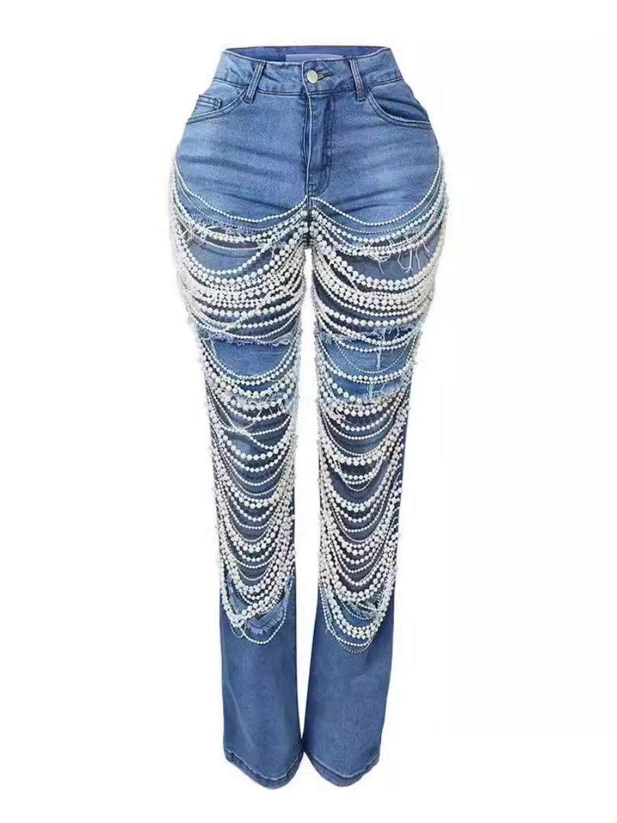 Ripped, Pearl-beaded Stretch Jeans
