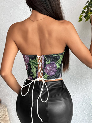 Floral Print Strapless Lace Tethered Fish Bones Strapless Bra