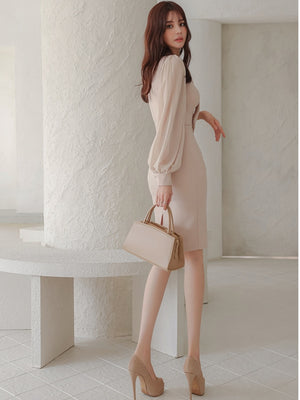 Elegant And Fitted Midi Dress With Tie-up Lantern Sleeves