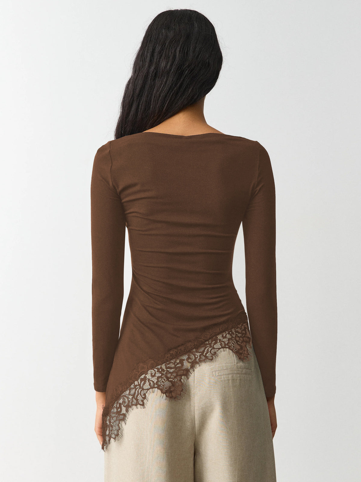 New Women's Simple Solid Color Design, Lace Trim And Slits At The Hem, Slim Fit Long Sleeve Top