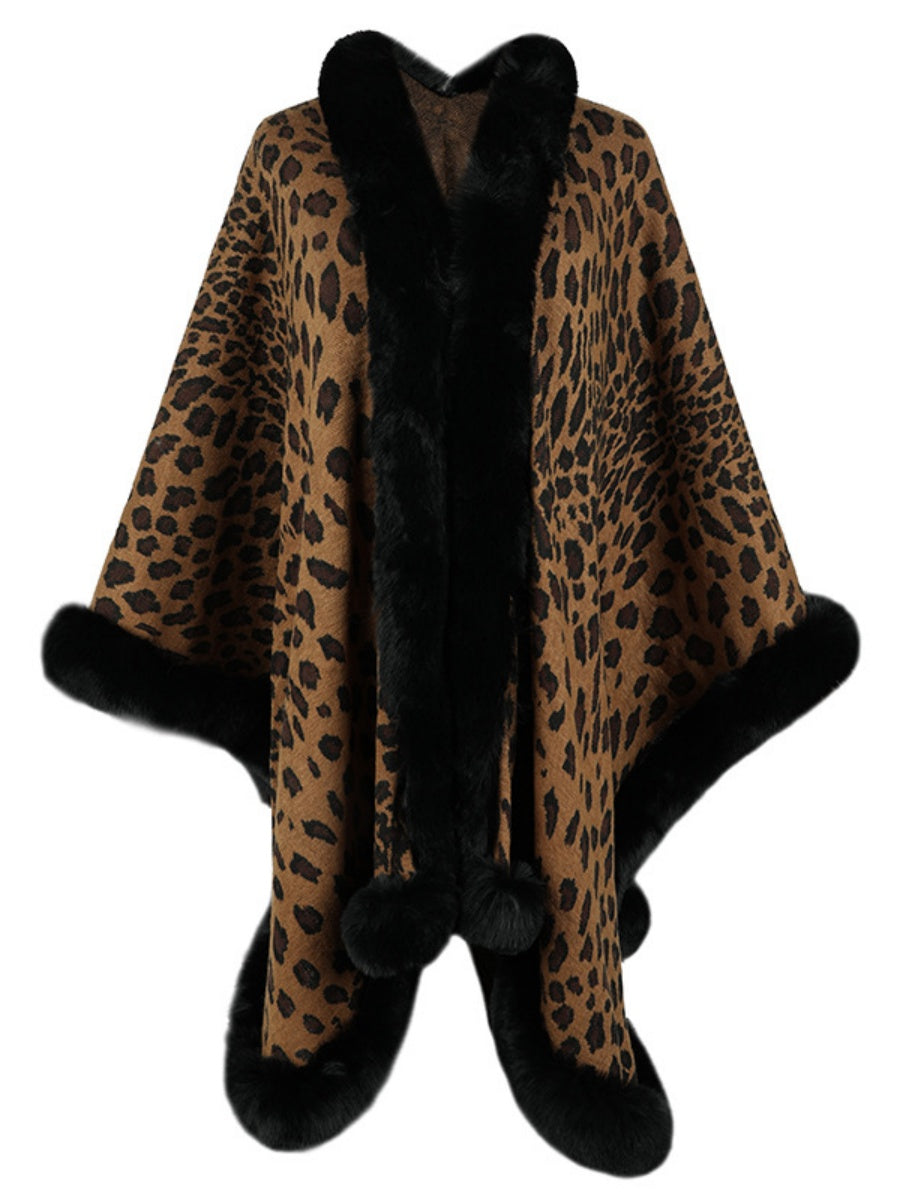 Leopard Print Shawl With Fur Collar Cloak Cardigans