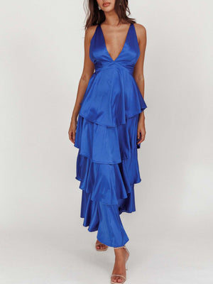 Ruffled Splicing Satin V-neck Tank Top Maxi Dresses