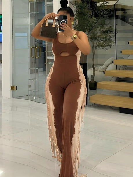 Color-blocked Tassel Sleeveless Bodysuits