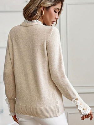 Splicing Lace Trim Crew Neck Long Sleeve Buckle Pullover Knit Sweater