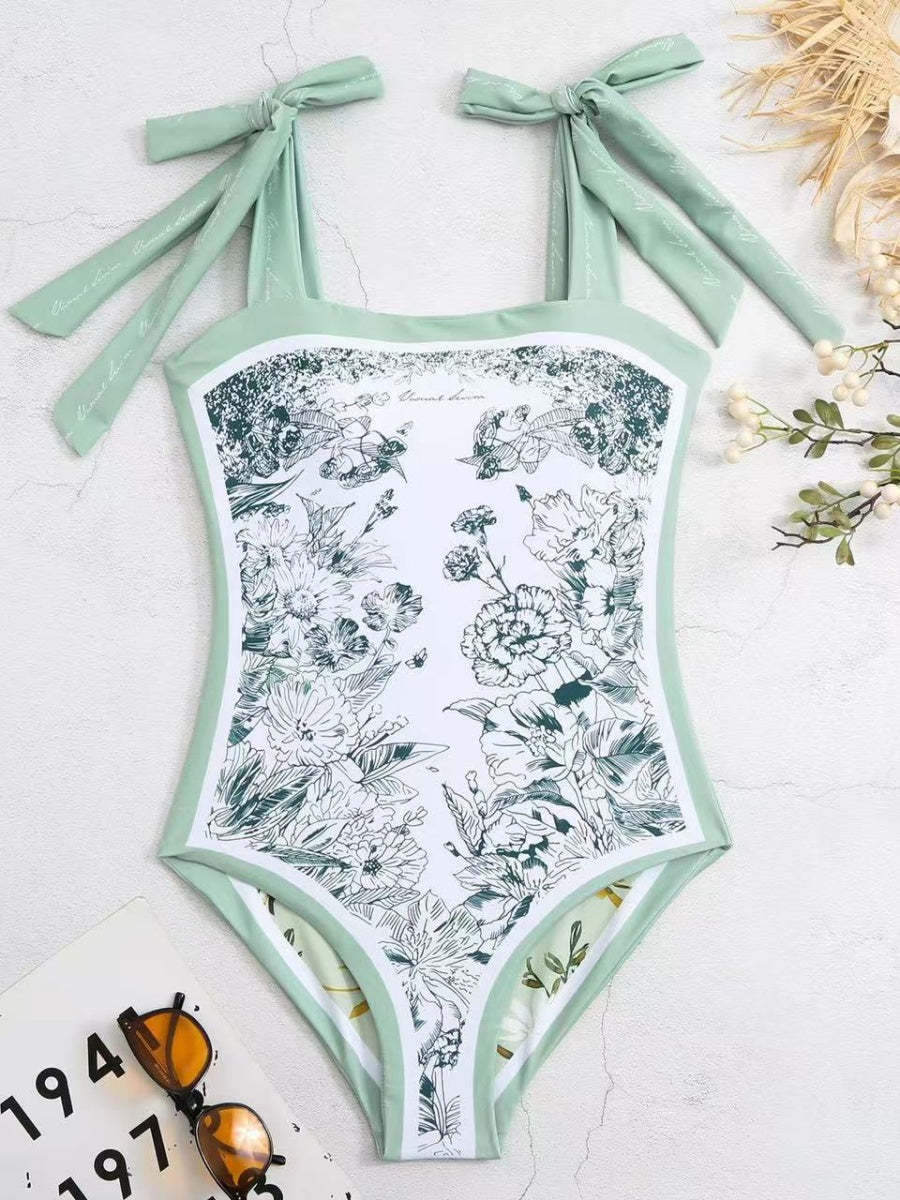 Double-sided Printed Retro-style Fresh Strapless Tie-up Swimsuit