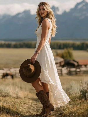Sleeveless V-neck Ruffled Hem Cotton And Linen Long Dress