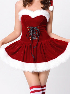 Christmas Red Plush Dress And Denim Hat 2-piece Sets