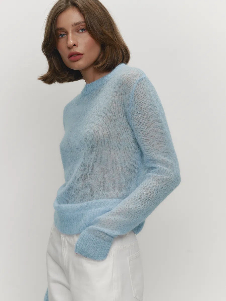 Mohair Crew Neck Pullover Sweater, Semi-sheer Base Layer Sweater