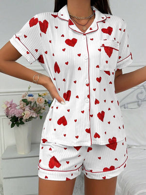 Heart-print Cardigan With Collar And Button-down Short Sleeves And Shorts, Two-piece Loungewear Set