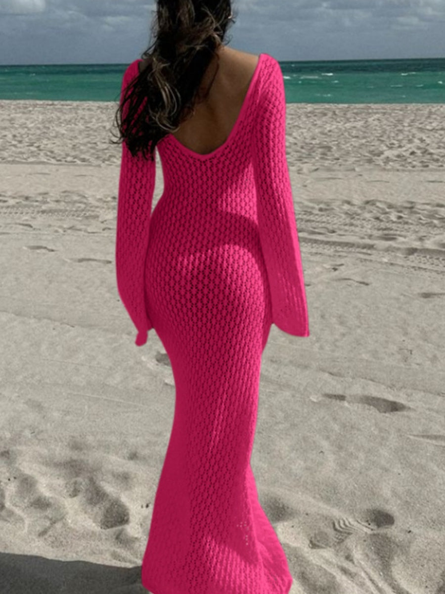 V-neck Round Button Long-sleeved Vacation Maxi Dress/beach Wear