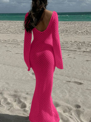 V-neck Round Button Long-sleeved Vacation Maxi Dress/beach Wear