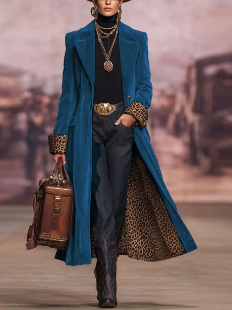 Velvet Leopard Print Splicing Suit Long Coat Coats