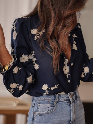 Floral Embroidery Color-blocked V-neck Lantern Sleeve Shirt