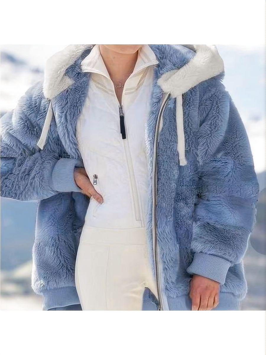 Loose Solid Color Plush Zipper Hood With Pockets Solid Color Jackets