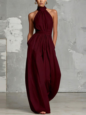 Waist-cinching Halter Neck Tie-up Pleated Jumpsuit