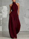 Waist-cinching Halter Neck Tie-up Pleated Jumpsuit