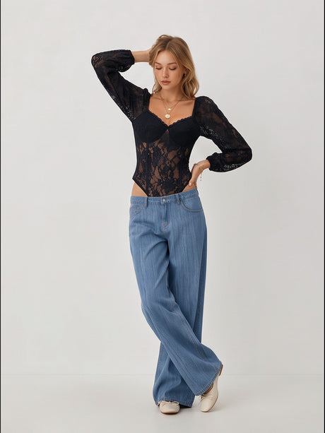 Solid Color Backless Lace Long-sleeved V-neck Bodysuit
