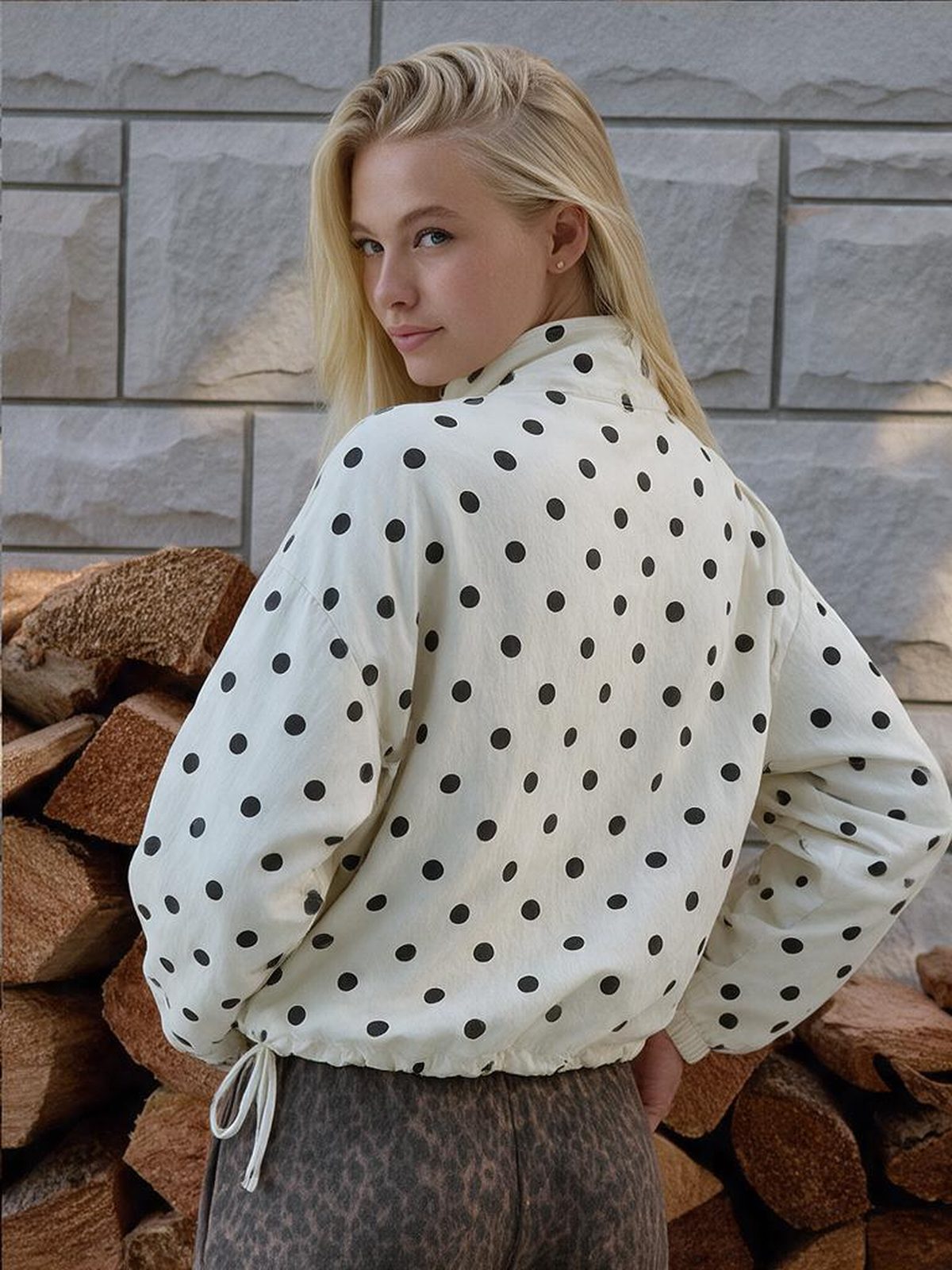 Stand-up Collar Drawstring Sweet And Cool Women's Color-blocked Polka Dot Jacket