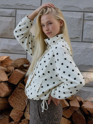 Stand-up Collar Drawstring Sweet And Cool Women's Color-blocked Polka Dot Jacket