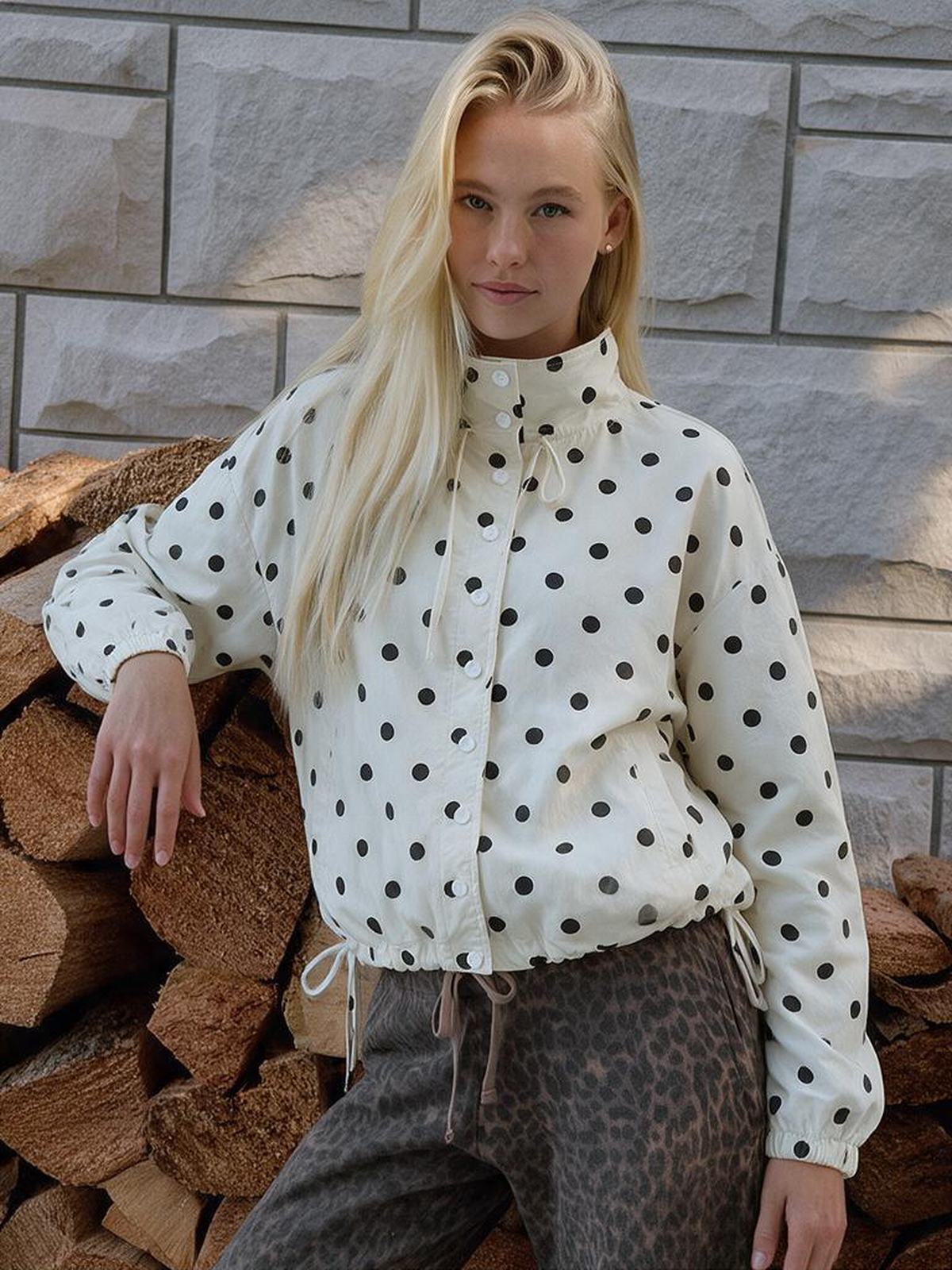 Stand-up Collar Drawstring Sweet And Cool Women's Color-blocked Polka Dot Jacket