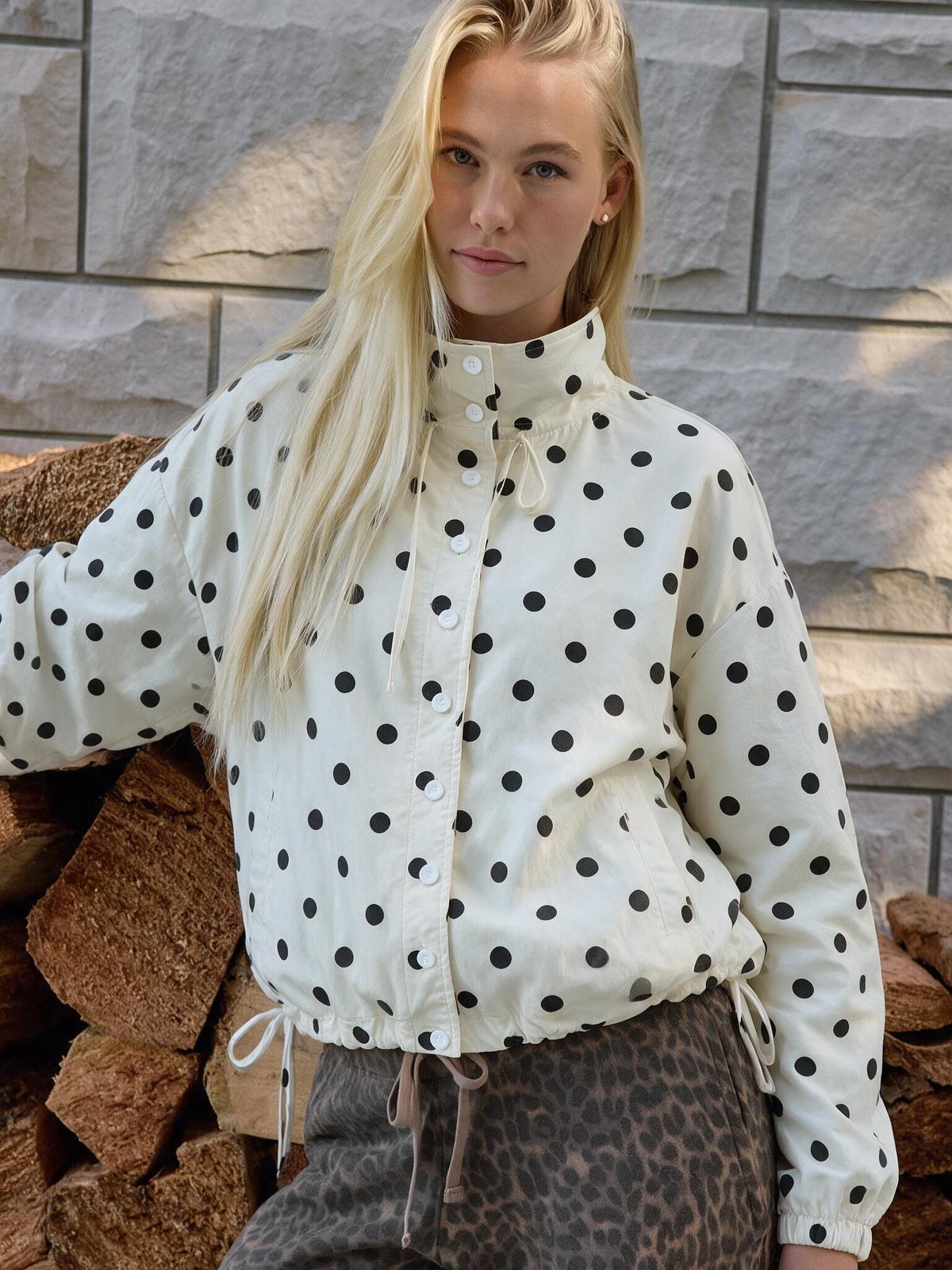 Stand-up Collar Drawstring Sweet And Cool Women's Color-blocked Polka Dot Jacket
