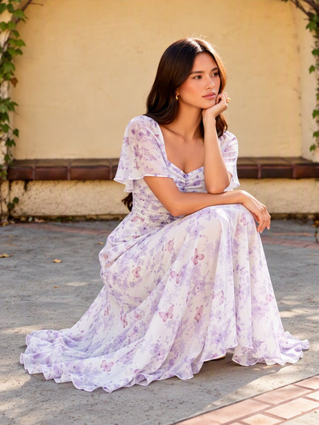 Floral Lotus Leaf Sleeves Sweetheart Collar Vacation And Leisure Maxi Dresses