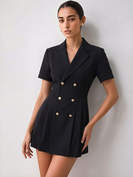 Double-breasted Lapel Short Sleeve Waist Short Suit Dress