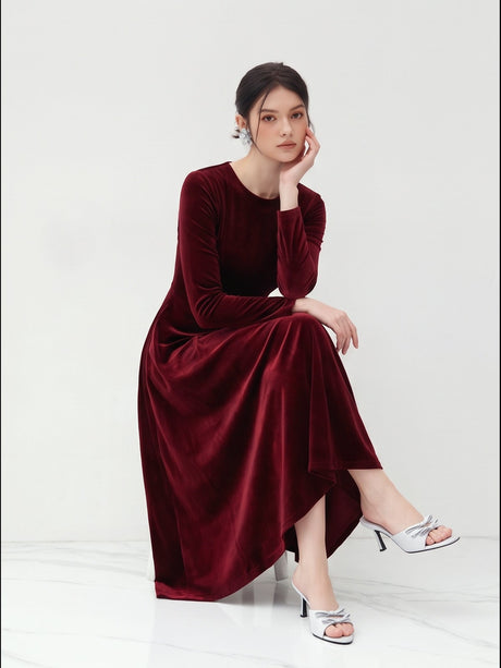 Long Sleeves Solid Color Velvet Maxi Dresses