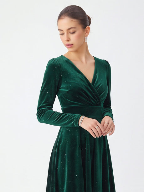 V-neck Solid Color Mini&Short Dresses