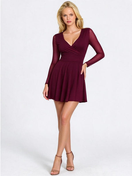 V-neck Sexy Slim Fit Mesh Long Sleeve Parties Grace Workplace Mini&Short Dresses