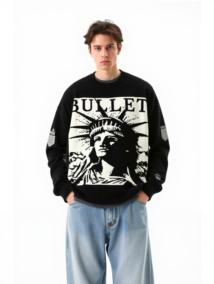 Retro Character Pattern Loose And Casual Destroyed Sweater