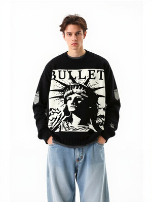 Retro Character Pattern Loose And Casual Destroyed Sweater