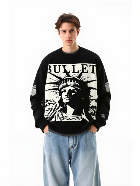 Retro Character Pattern Loose And Casual Destroyed Sweater