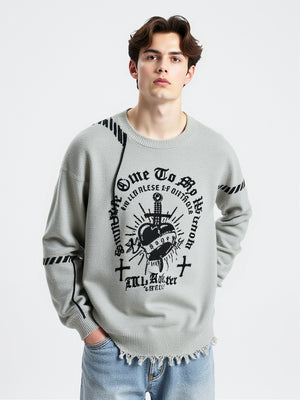 Dark Cross Jacquard Contrasting Colors Sutures Cut Destroy Sweater