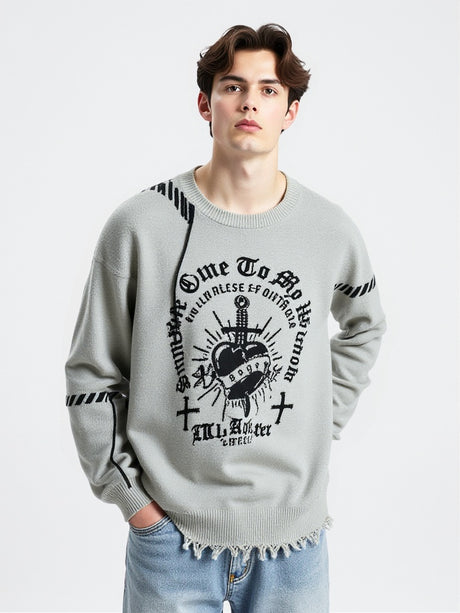 Dark Cross Jacquard Contrasting Colors Sutures Cut Destroy Sweater