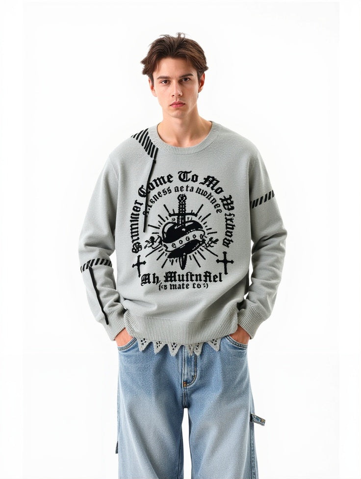 Dark Cross Jacquard Contrasting Colors Sutures Cut Destroy Sweater