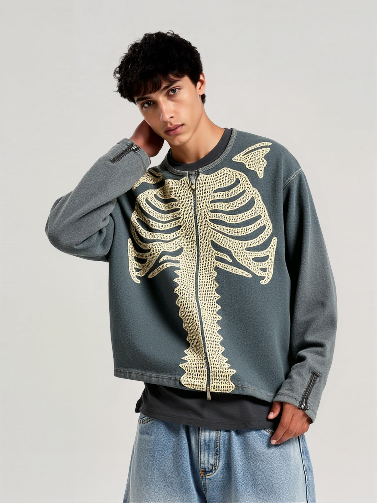 Old Skeleton Denim Shirt Washing Embroidery Knitted Cardigan Jacket