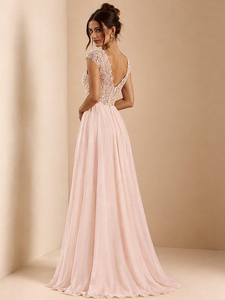 V-neck Sequins Chiffon Splicing Evening Gown Maxi Dresses