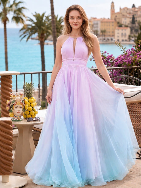 Gradient Sleeveless Deep V Chiffon Maxi Dresses