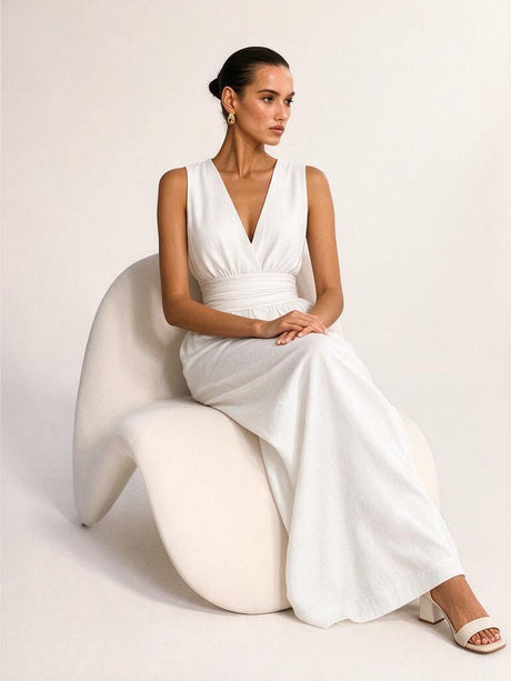 V-neck Waist Wide-leg Pants Sleeveless Temperament Grace Commuting Jumpsuits
