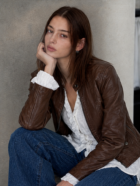 Veste en cuir à col montant et fermeture éclair, style urbain décontracté