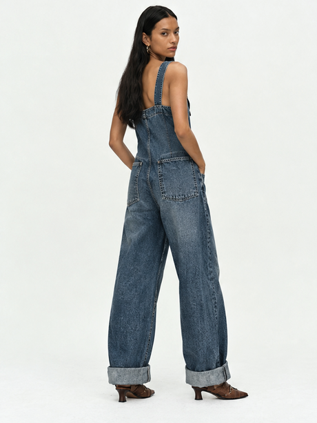 Retro Distressed Loose-fitting Adjustable Buckle Casual Denim Jumpsuit