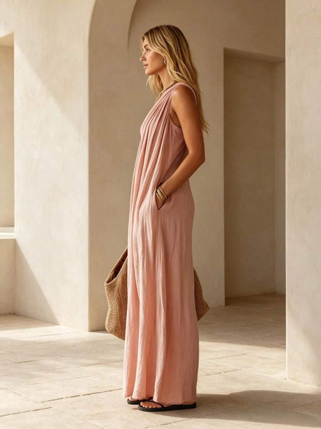 Cotton And Linen Blend One-shoulder Sleeveless Resort-style Long Dress