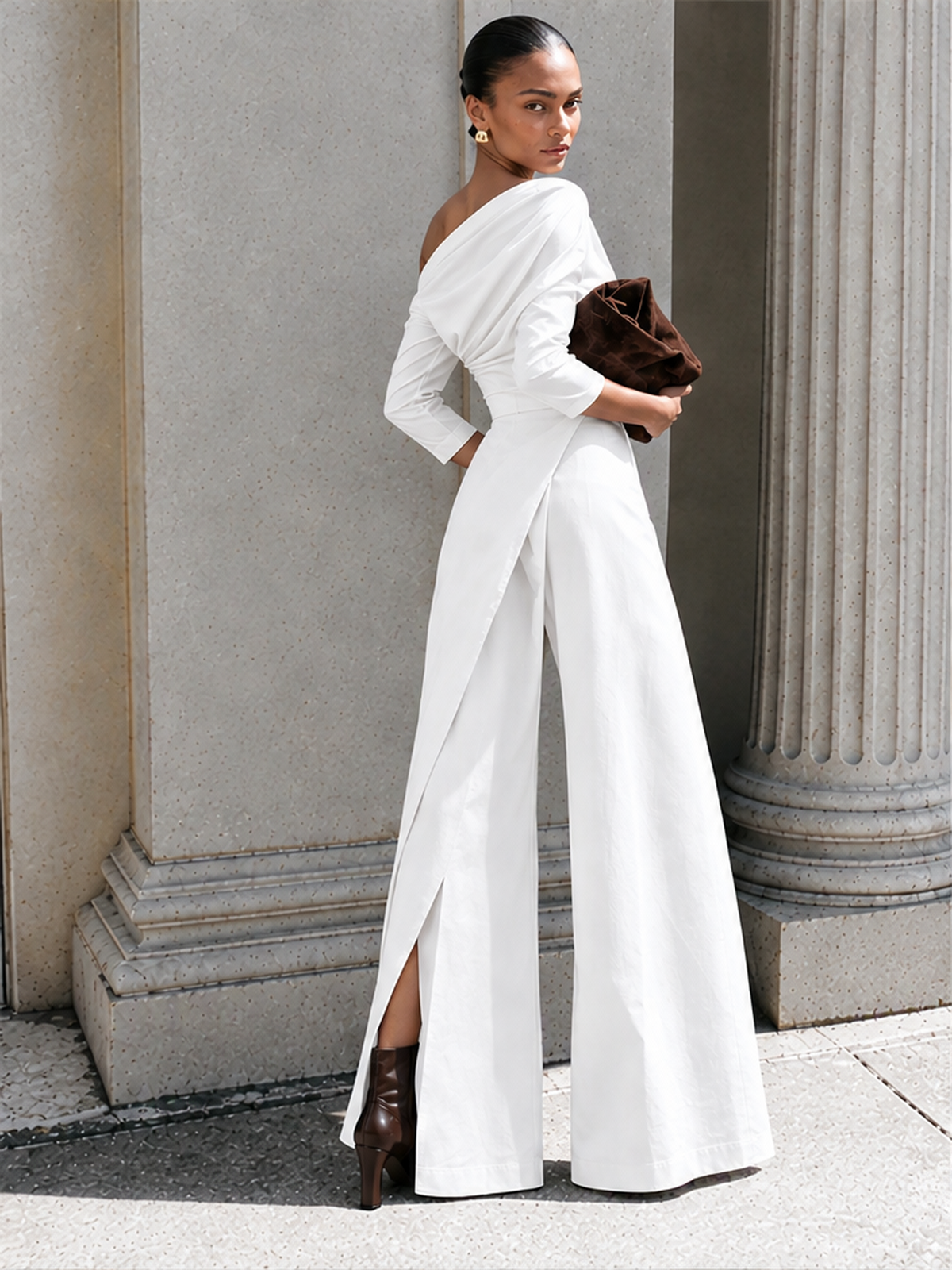 Sloping Shoulders Asymmetrical High Waist Slit Jumpsuits