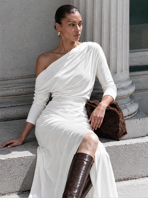 Sloping Shoulders Asymmetrical High Waist Slit Jumpsuits