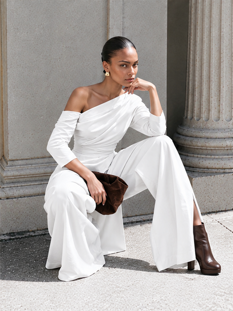 Sloping Shoulders Asymmetrical High Waist Slit Jumpsuits